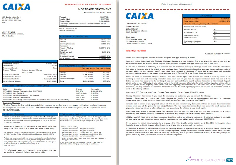 Download Brazil Caixa bank mortgage statement, 3 pages, 1 2 scr Photoshop template